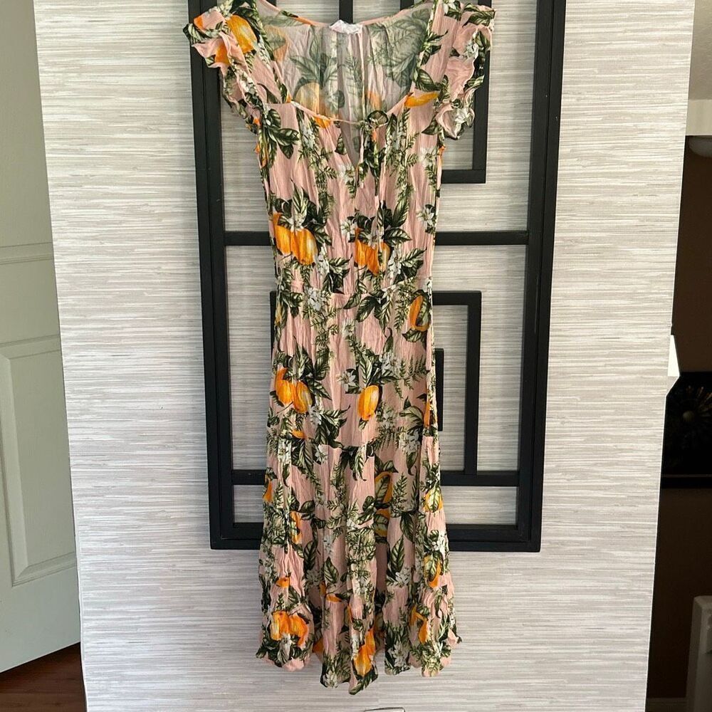 Luv Betsey Betsey Johnson pink with orange print crinkle ruffle sleeve dress siz